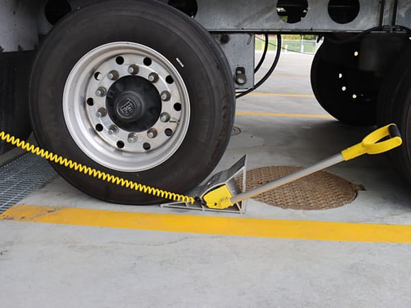 Smart Global Wheel Chock secured against a truck tyre at a loading dock.